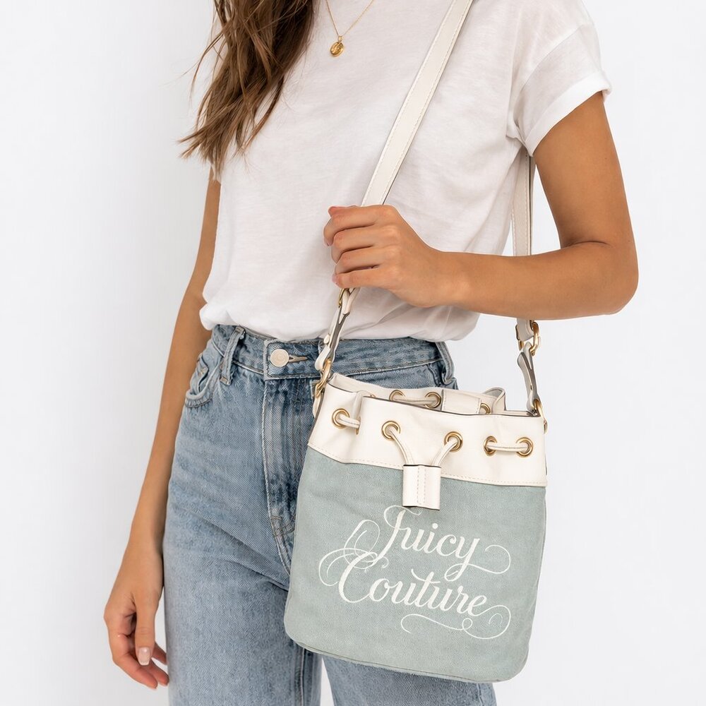 NWT Juicy Couture Denim & White Drawstring Bucket Bag - Y2K Coastal Chic
